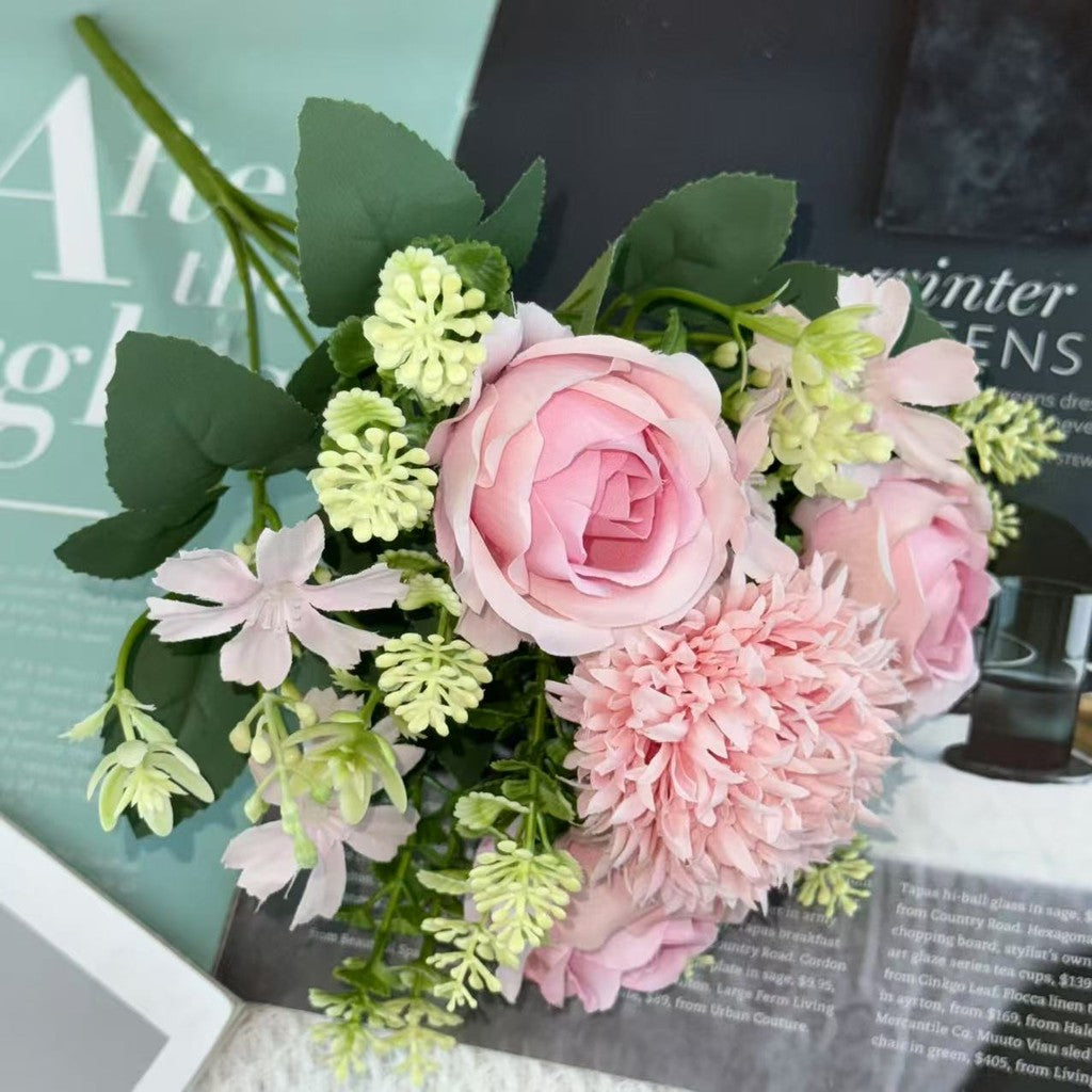 Bouquet bunga BKT 1025 FEIFEI 6Cbg Bunga MIX ROSE DAN HYDRA Artifisial Dekorasi Hiasan Seserahan