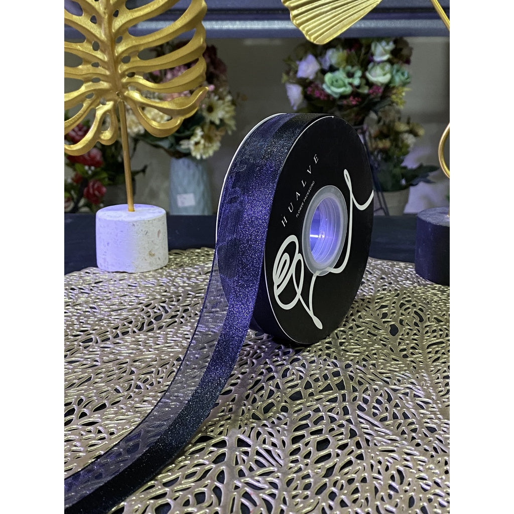PTA7 EQUAL Pita Satin Roll Motif Setangan Satin dan Transparan Modern Pita Kado 2.5cm/Pita Dekorasi Buket