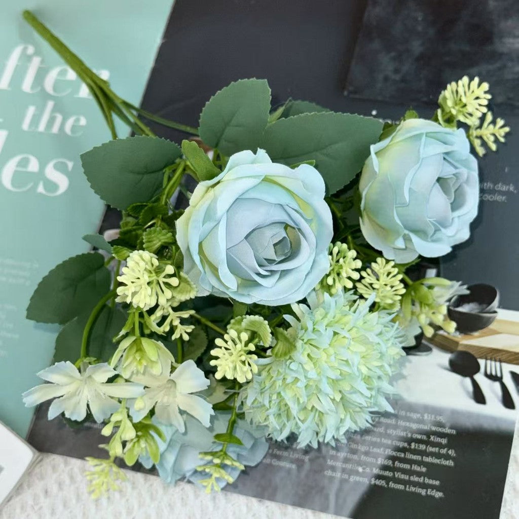 Bouquet bunga BKT 1025 FEIFEI 6Cbg Bunga MIX ROSE DAN HYDRA Artifisial Dekorasi Hiasan Seserahan