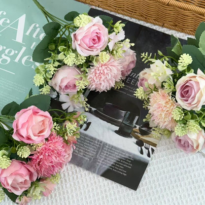 Bouquet bunga BKT 1025 FEIFEI 6Cbg Bunga MIX ROSE DAN HYDRA Artifisial Dekorasi Hiasan Seserahan