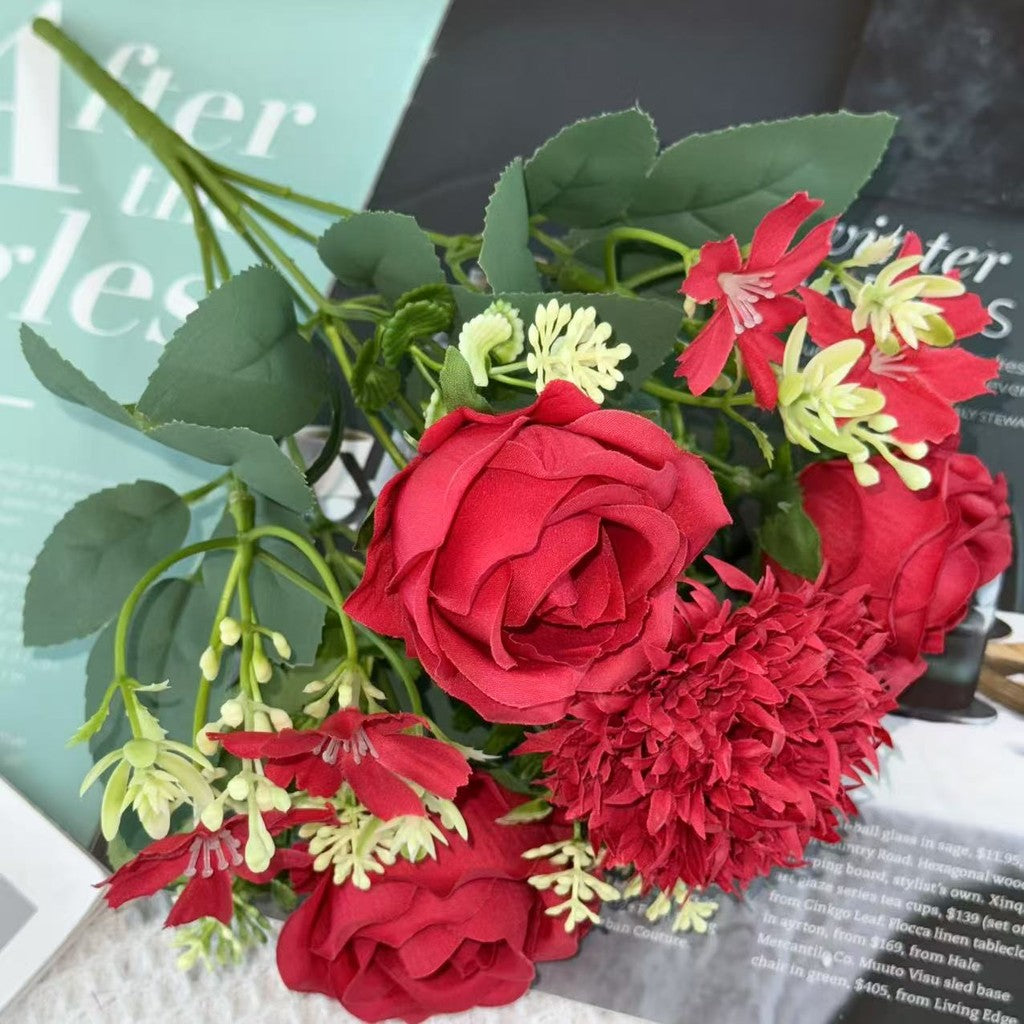 Bouquet bunga BKT 1025 FEIFEI 6Cbg Bunga MIX ROSE DAN HYDRA Artifisial Dekorasi Hiasan Seserahan